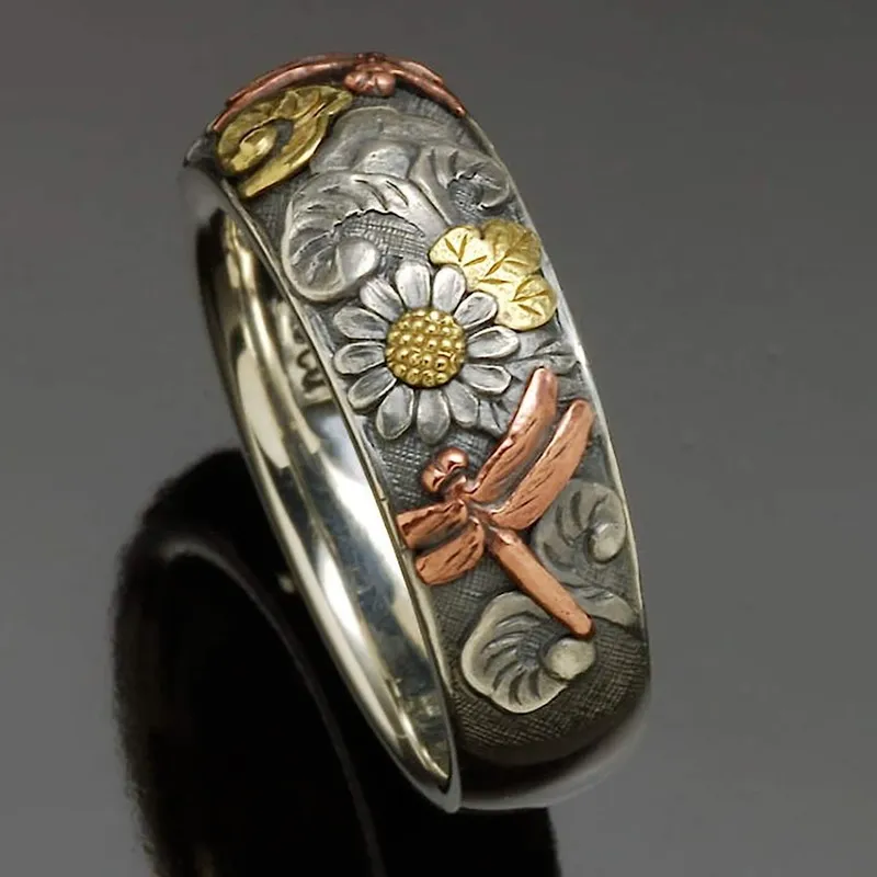 Vintage Sunflower Dragonfly Ring 0