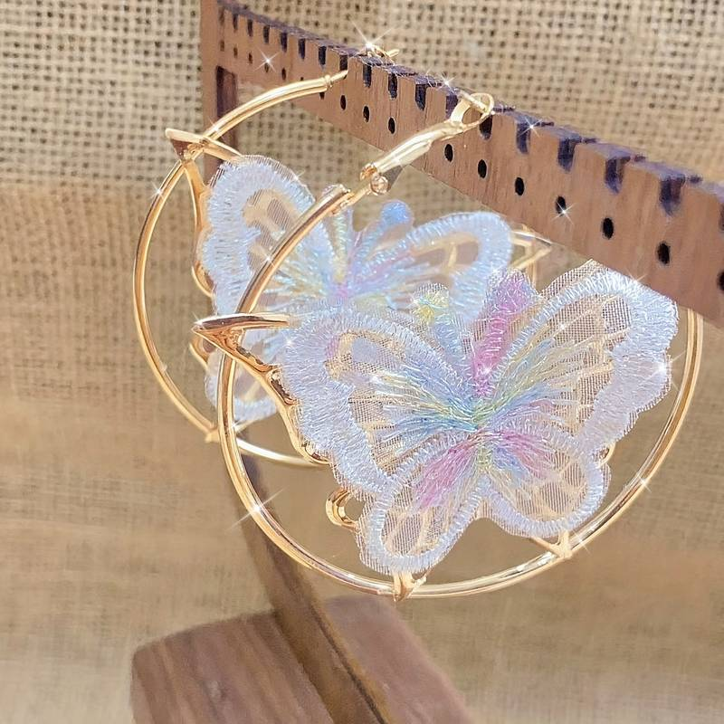 Vintage White Butterfly Hoop Earrings 0