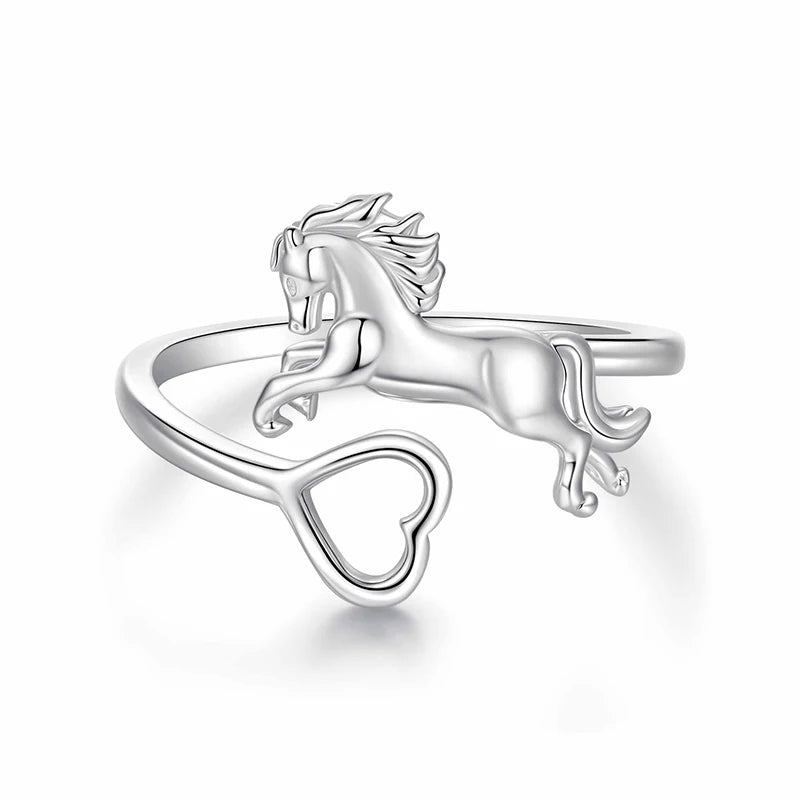 WOSTU Solid 925 Silver Lovely Horse & Heart Open Ring For Women, Original Animal Style Statement Rings Unique New Year Gift 6