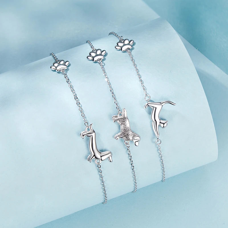 WOSTU Solid 925 Sterling Silver Cute Cat Dog Bracelet For Women Pet Paw Links Girl dachshund Charm Chains Daughter Birthday Gift 2